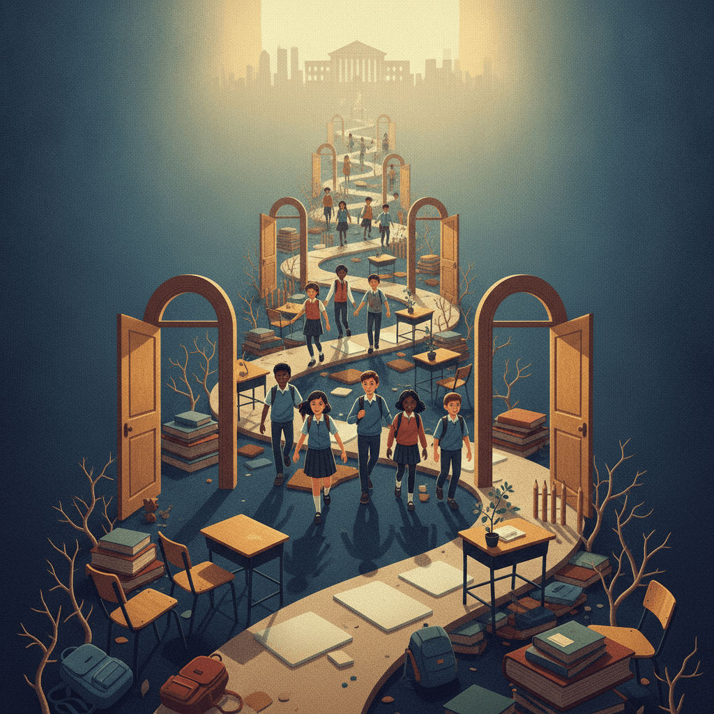 Ilustração editorial de jovens seguindo um caminho formado por livros e carteiras rumo a um horizonte iluminado, simbolizando menos abandono e uma trajetória fortalecida para o Enem.