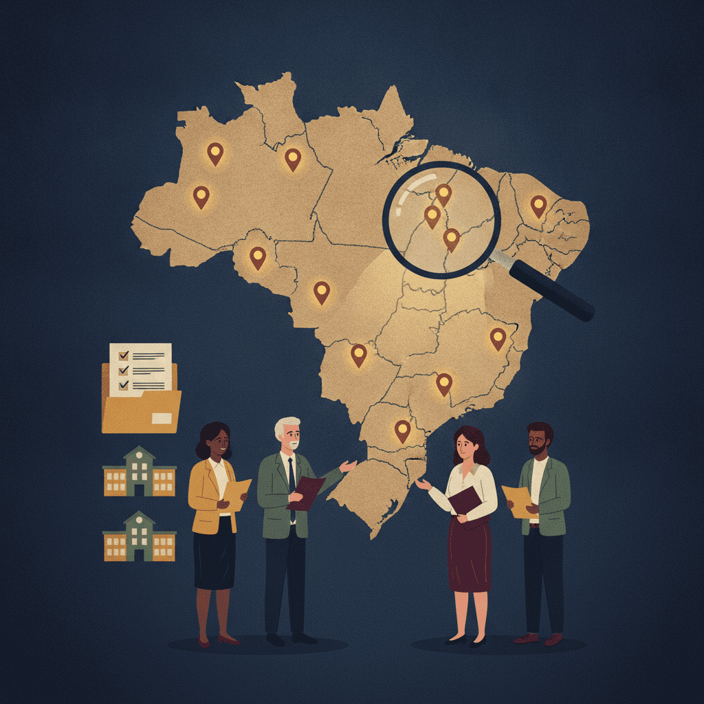Ilustração editorial: mapa do Maranhão com 47 municípios marcados, professores em frente a escolas e lupa destacando impacto nas seleções docentes.