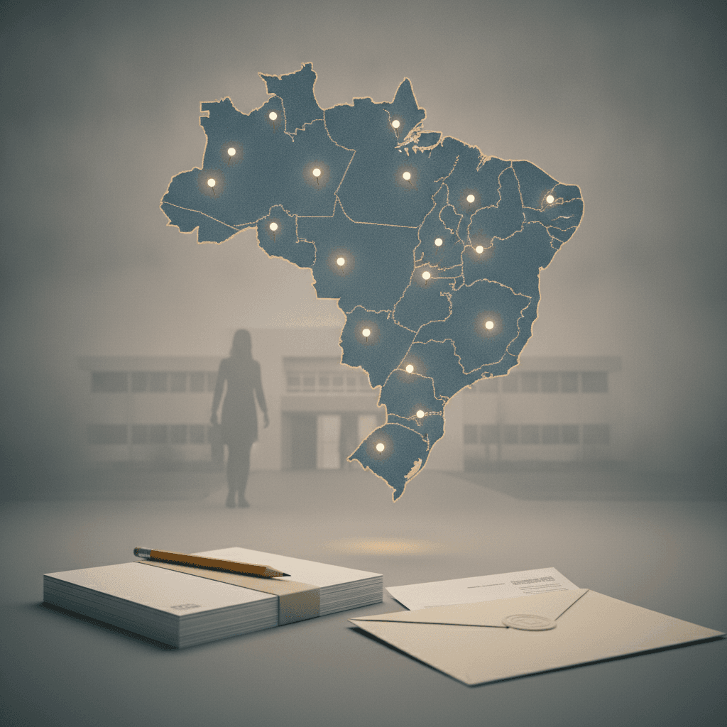 Ilustração editorial do mapa do Piauí com 77 marcadores, provas empilhadas e um envelope oficial, simbolizando adesão à PND.