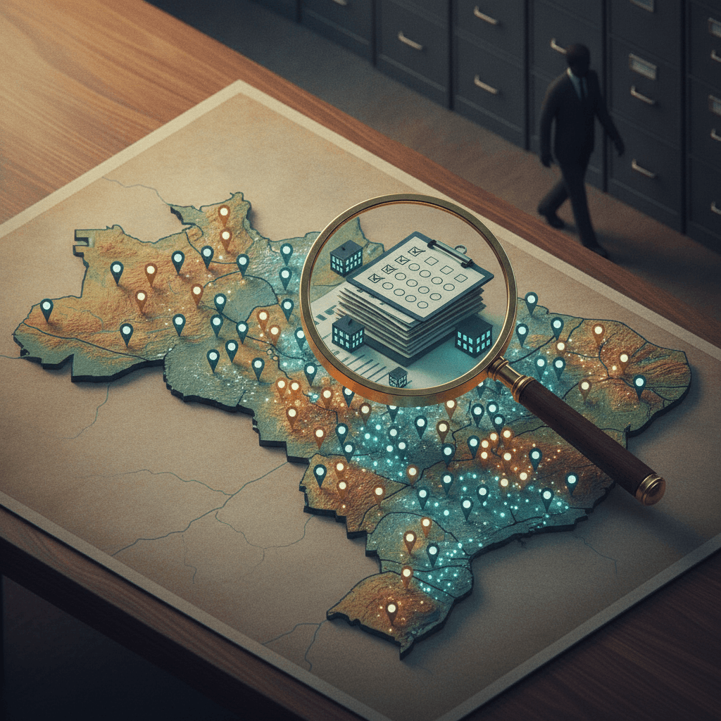 Ilustração editorial: mapa de Mato Grosso com 77 marcadores, lupa sobre municípios, provas e ícones de escola.