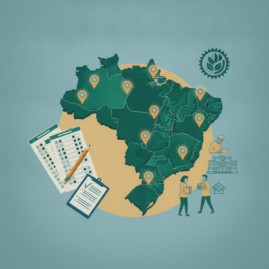 Ilustração editorial do mapa do Acre com 14 municípios destacados, provas e ícones escolares indicando adesão à PND.