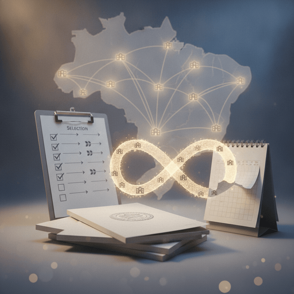 Ilustração editorial: cadernos de prova com selo, mapa do Brasil conectado a ícones de escolas e calendário que vira símbolo de infinito, representando adesão e validade indefinida.