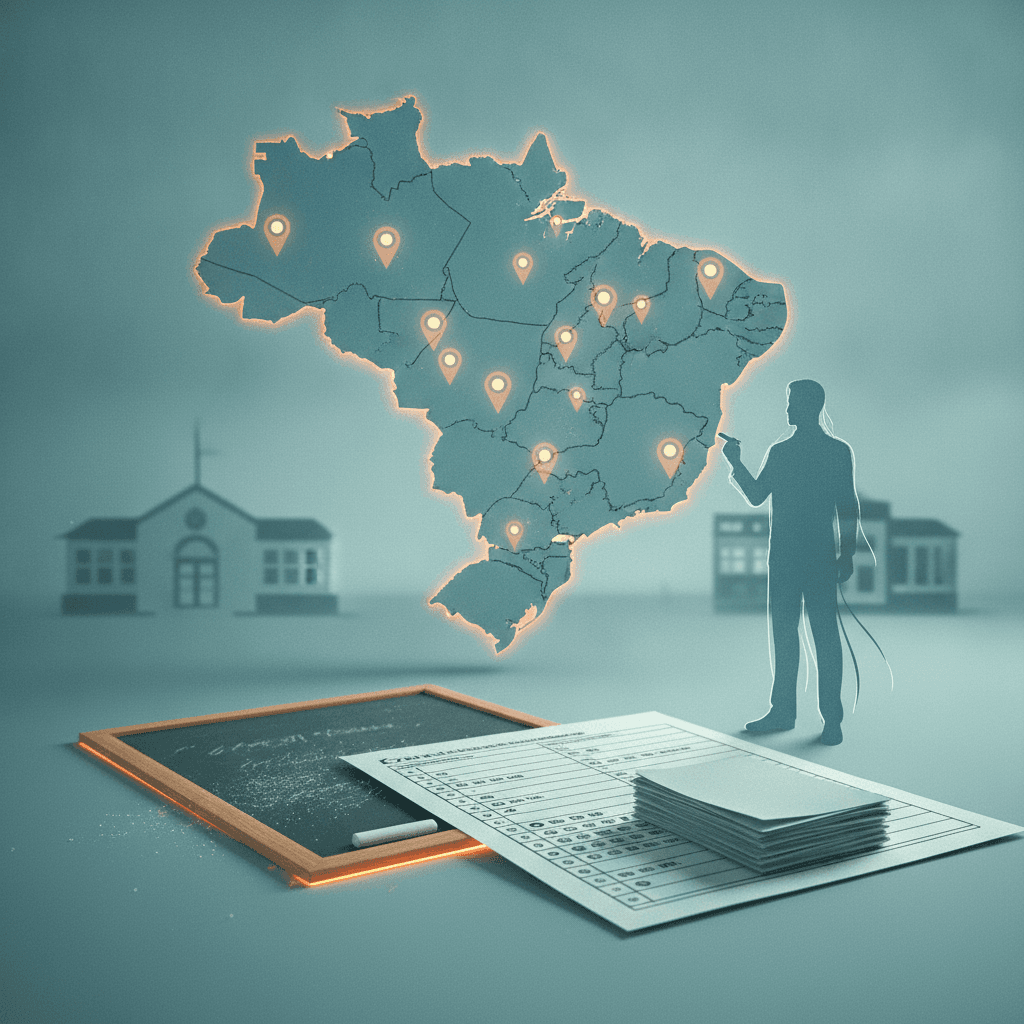 Ilustração editorial do mapa do Tocantins com municípios destacados e provas PND transformando-se em símbolos de ensino.