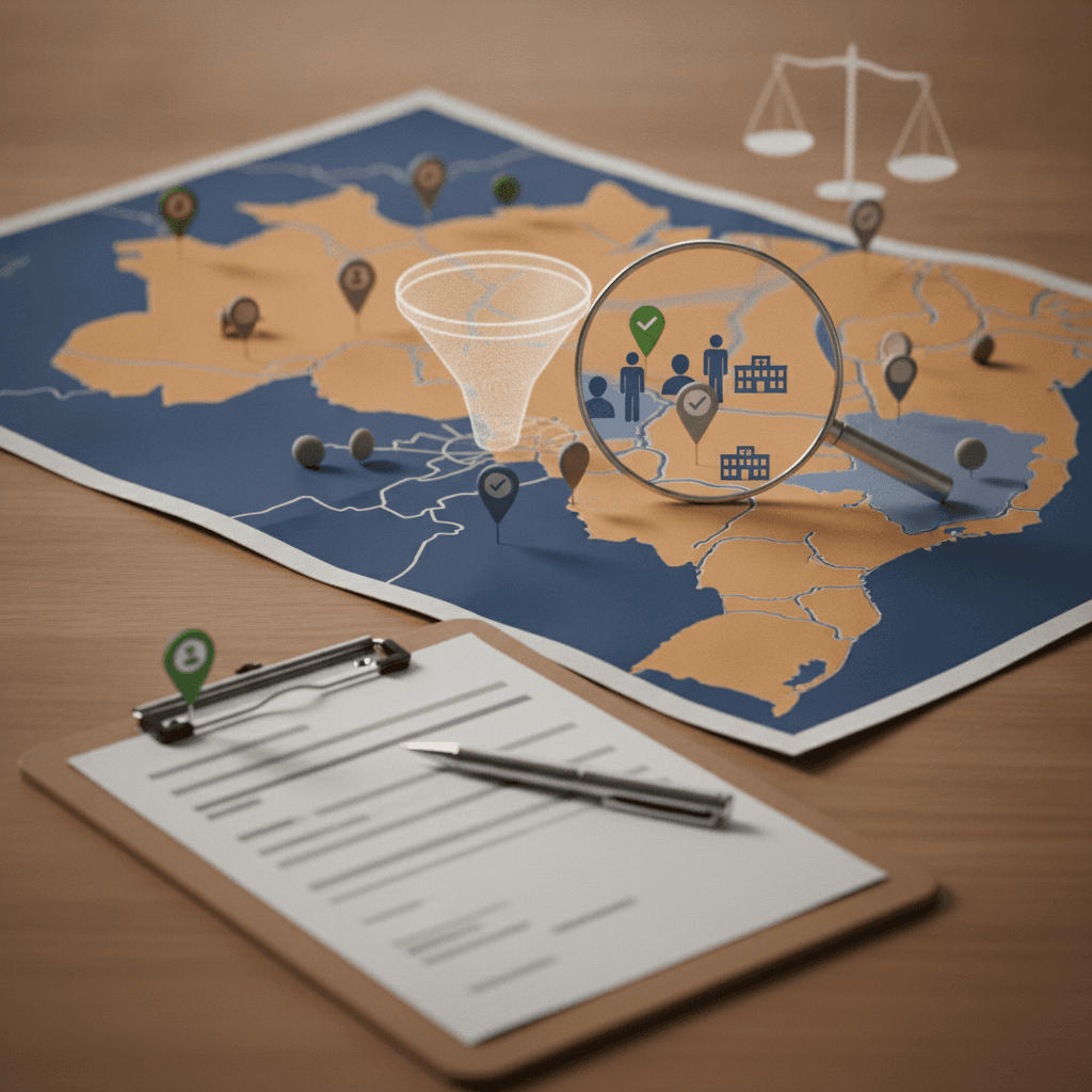 Ilustração editorial de um mapa do Brasil com municípios marcados por pinos, lupa sobre um aglomerado de cidades, formulários em clipboard e ícones de professores, simbolizando adesão municipal à PND e impacto na seleção de docentes.