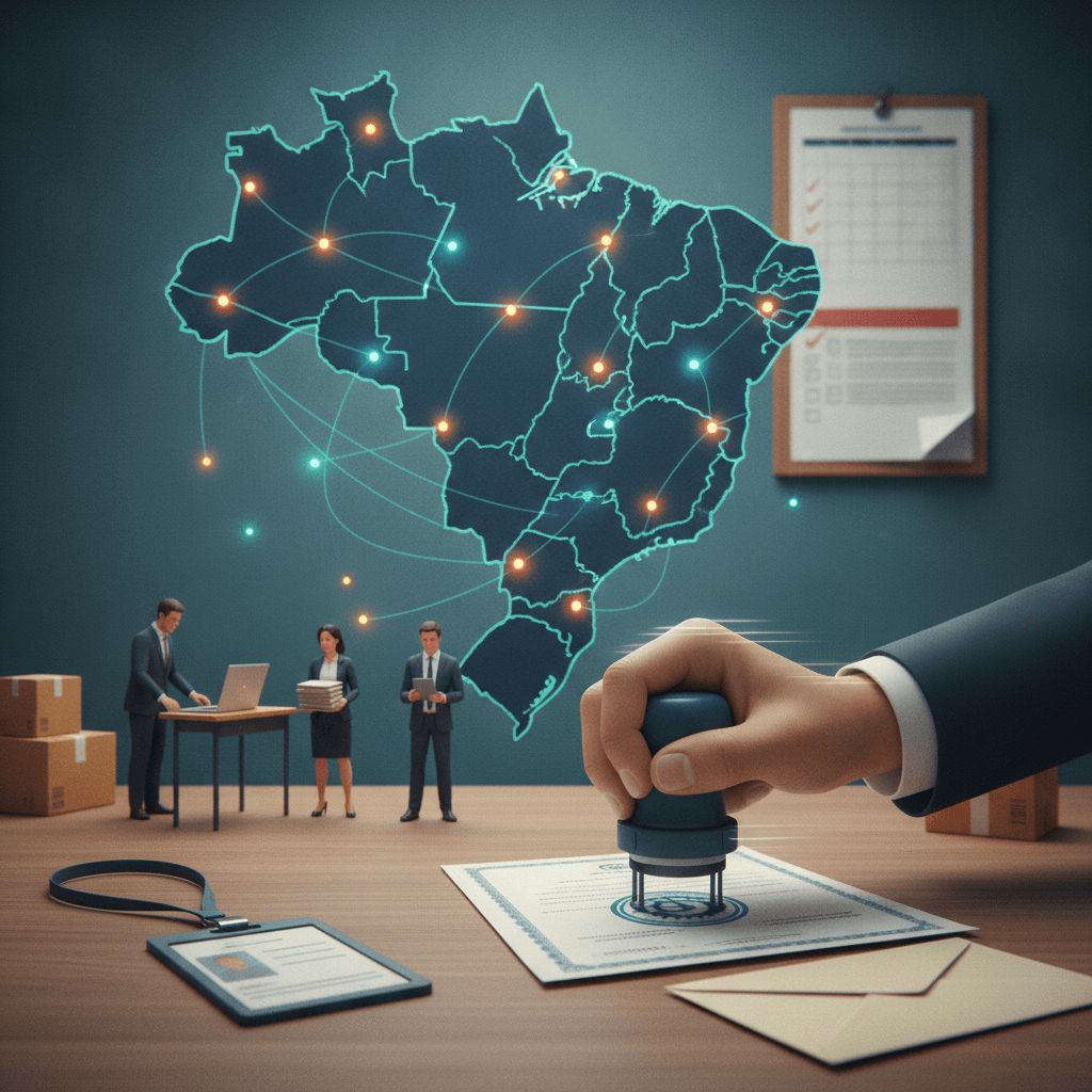 Mapa estilizado do Brasil com pontos de certificadores conectados e uma mão carimbando um certificado em primeiro plano.