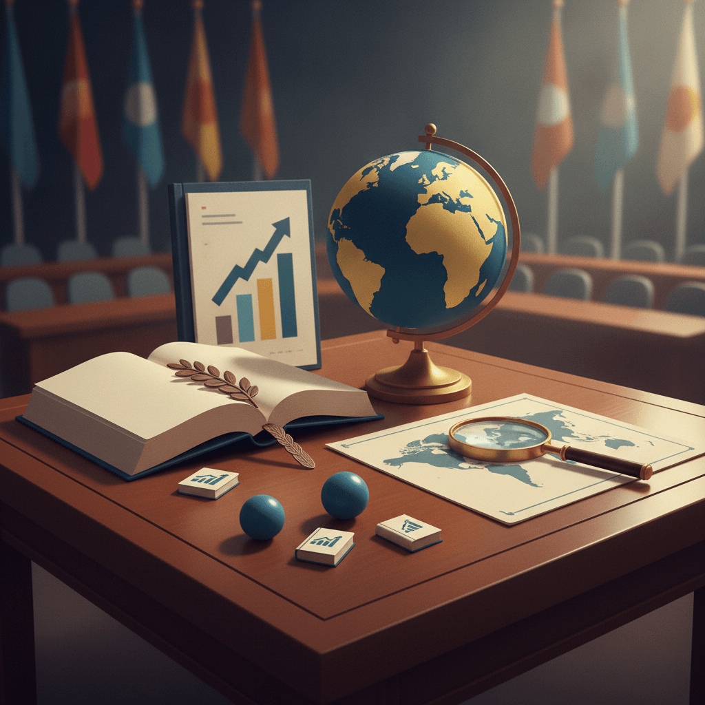 Ilustração editorial de mesa com globo, livro, relatório e lupa simbolizando ONU, UNESCO e OCDE como repertório para redação.