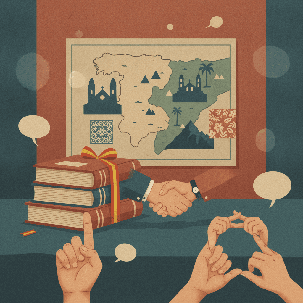 Ilustração editorial mostrando gestos de mãos (tú, usted, vosotros/ustedes), livros e mapa de Espanha e América Latina, sem texto.