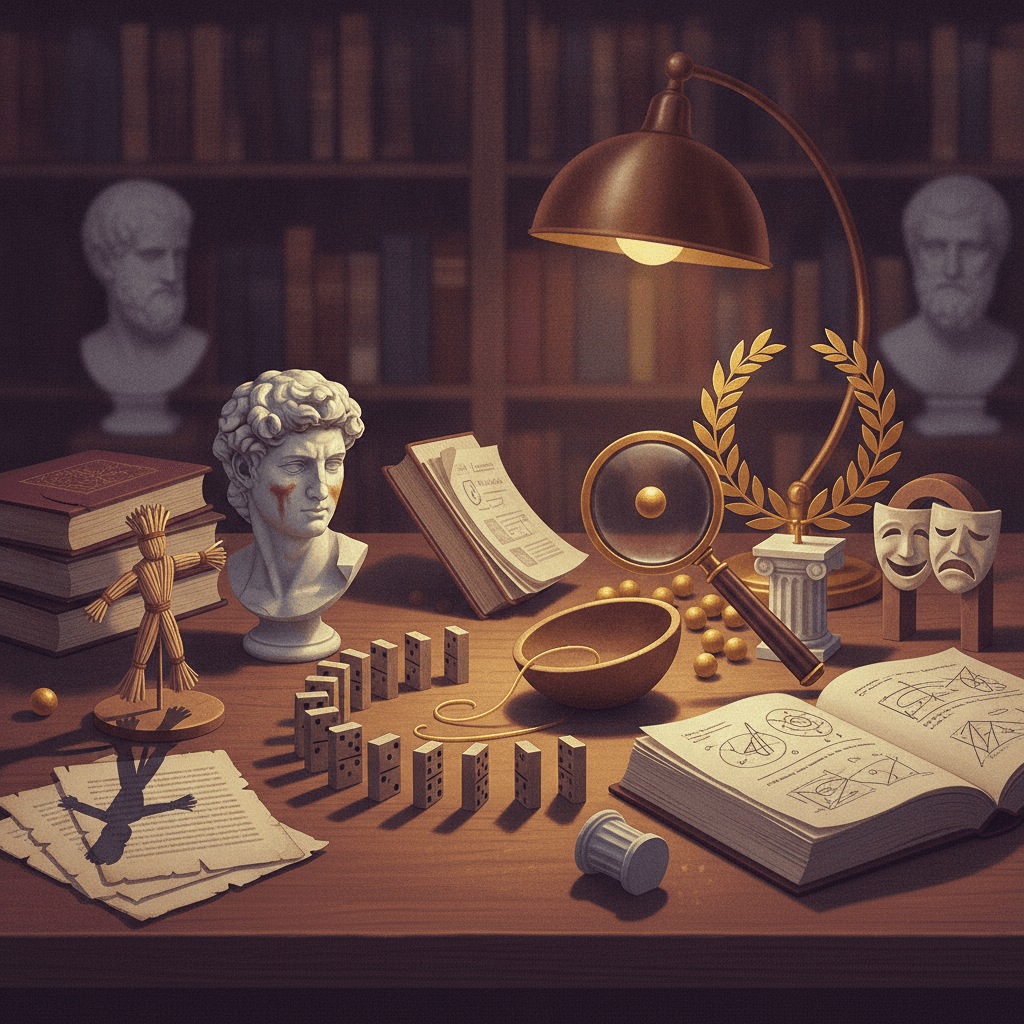 Ilustração editorial: símbolos de falácias filosóficas dispostos em uma mesa de estudo com bustos de filósofos desfocados ao fundo.