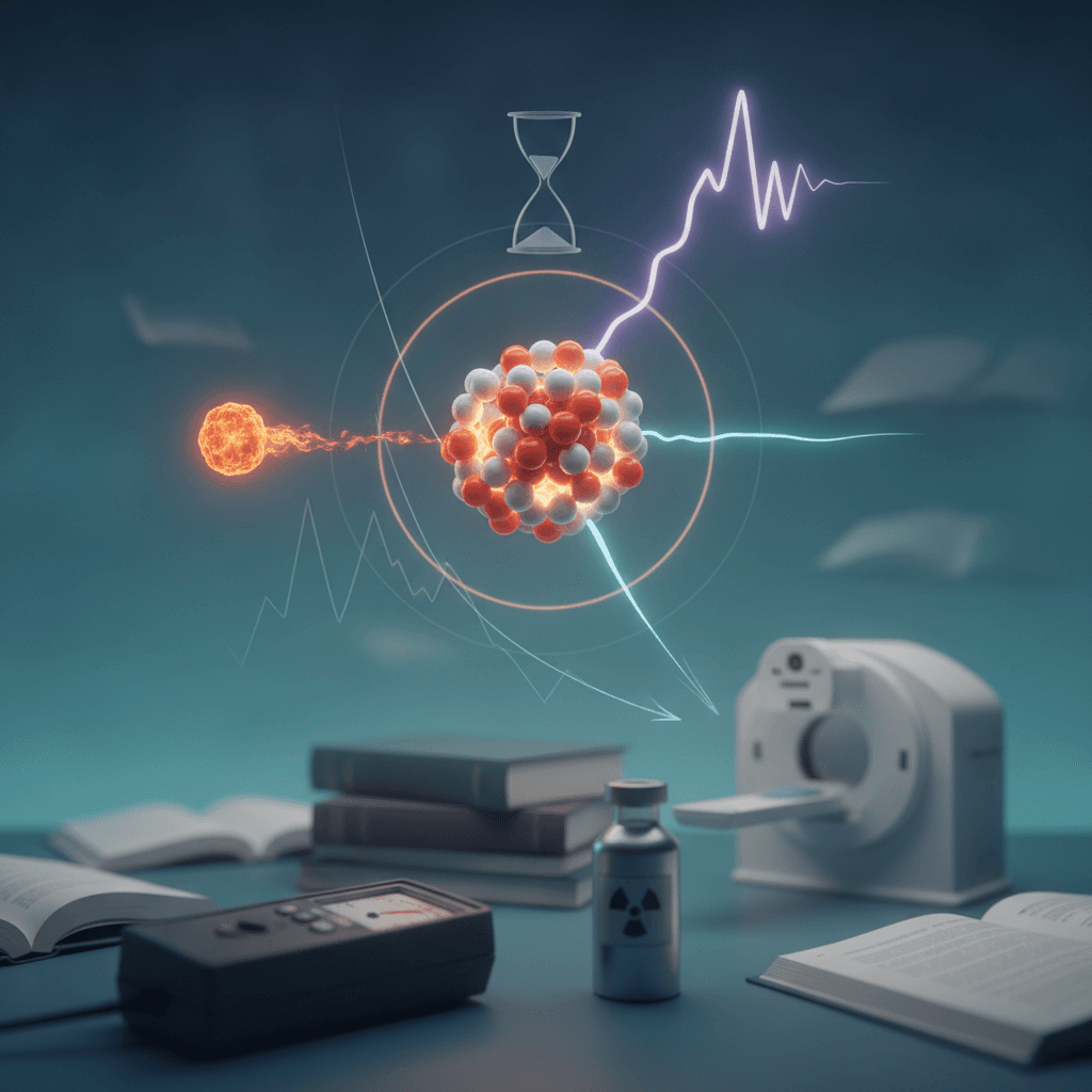 Ilustração editorial mostrando núcleo atômico com emissões alfa, beta e gama, Geiger, frasco radioativo e máquina de radioterapia.