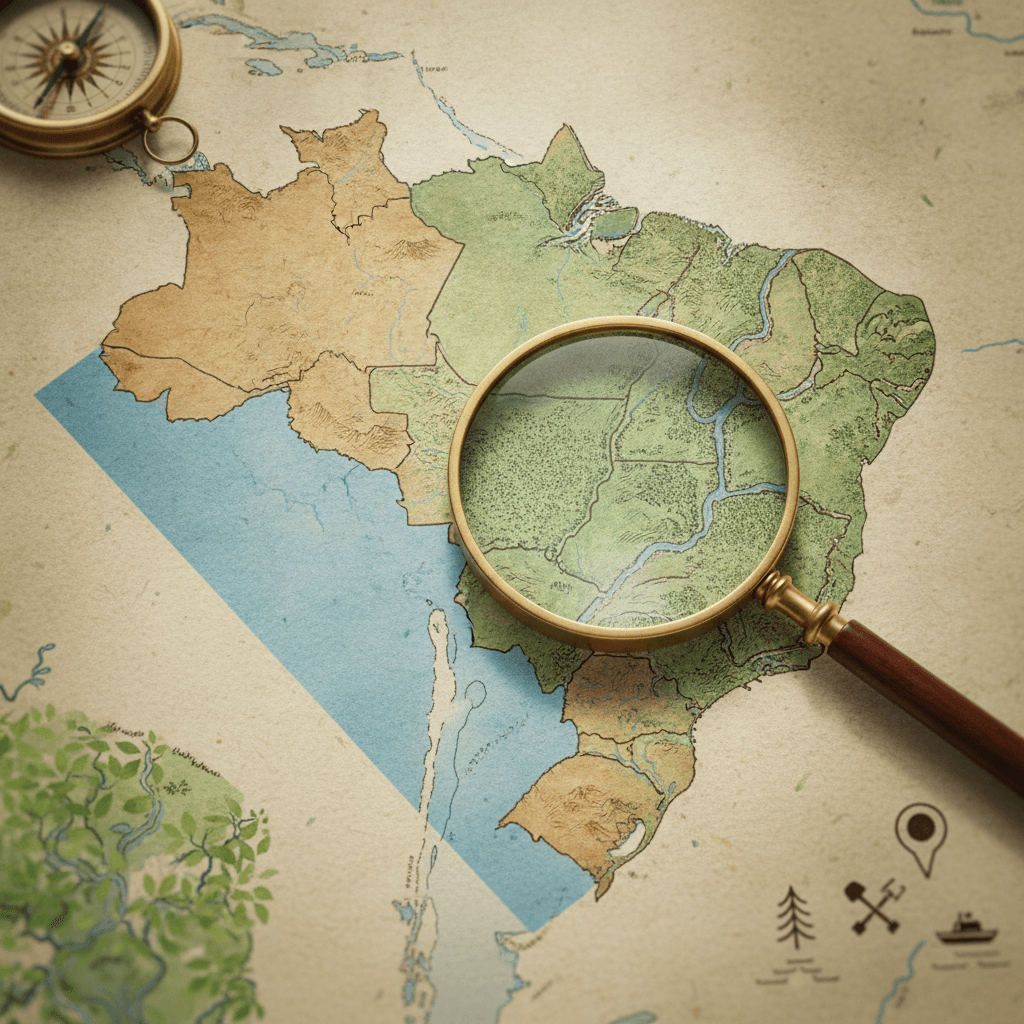 Ilustração editorial de mapa mostrando a diferença entre limites administrativos (Amazônia Legal) e o contorno ecológico do Bioma Amazônia, com lupa e bússola.