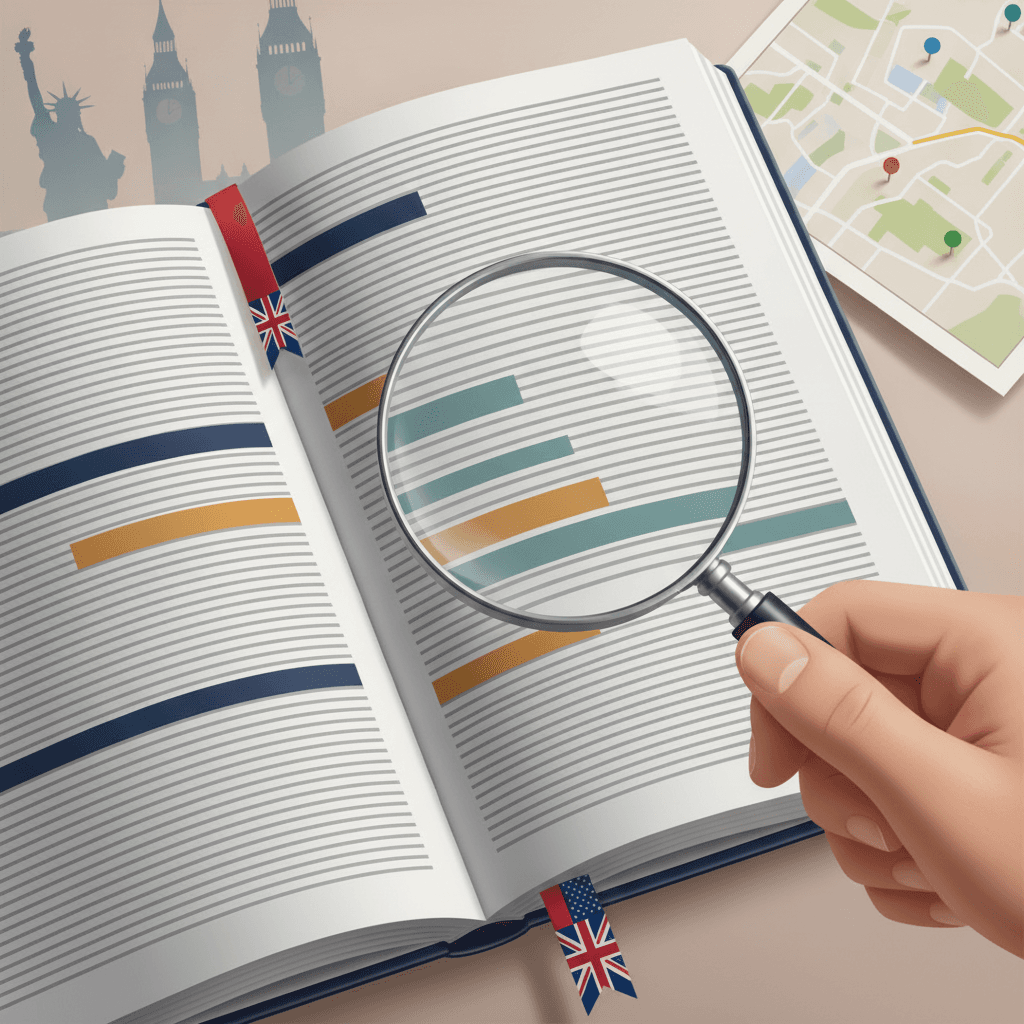 Ilustração editorial de livro em inglês com lupa, marcadores com bandeiras do Reino Unido e EUA e silhuetas de Londres e Nova York ao fundo.