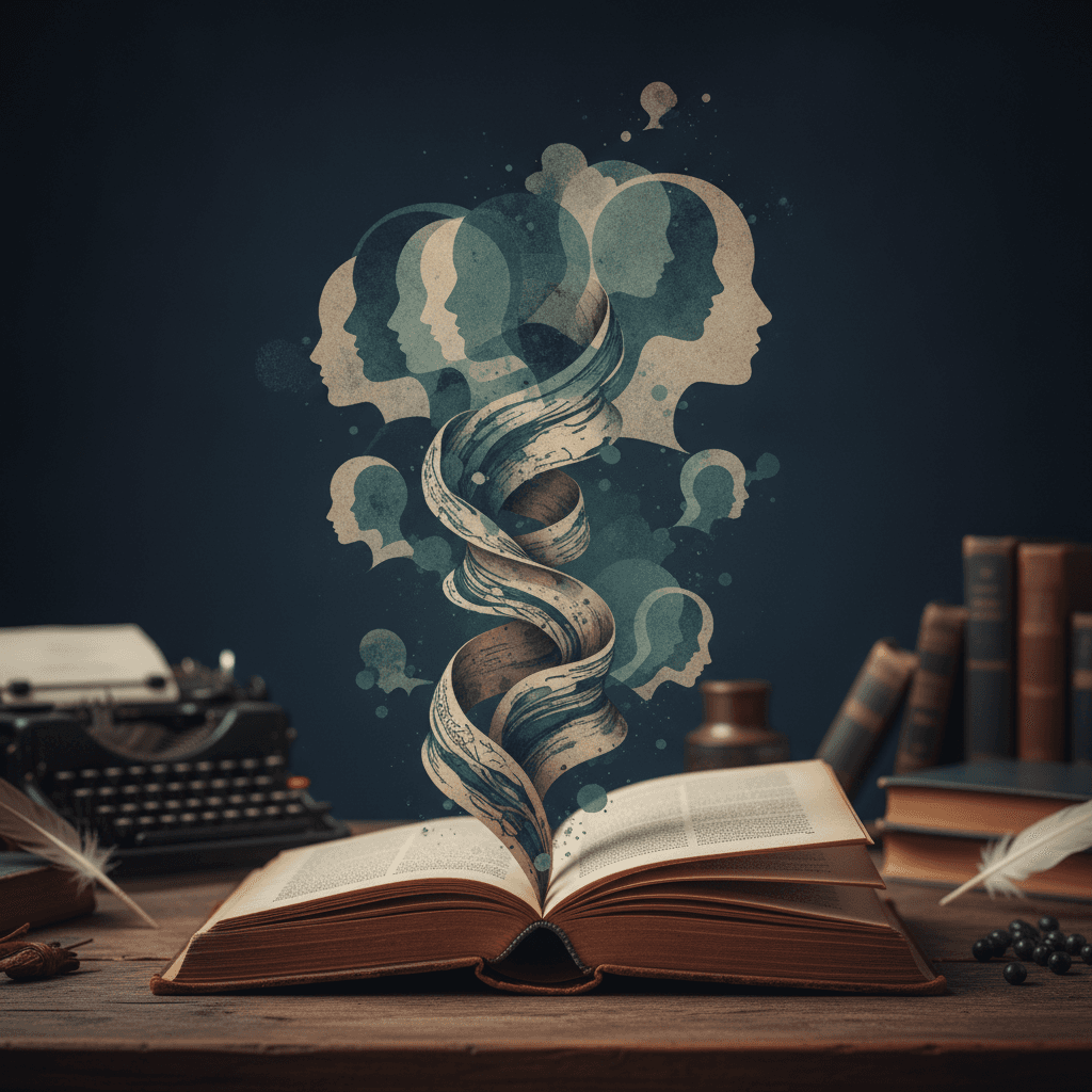 Livro aberto cujas páginas se transformam em fitas de tinta e silhuetas translucidas, representando fluxo de consciência, com caneta-tinteiro e máquina de escrever ao fundo.