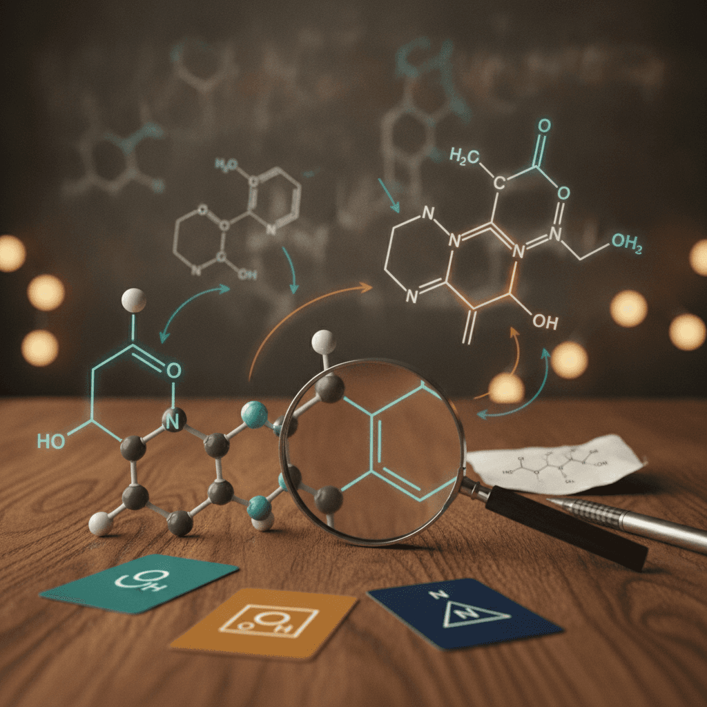 Ilustração editorial em close-up com modelos moleculares e fórmulas estruturais de química orgânica, lupa sobre um anel aromático.