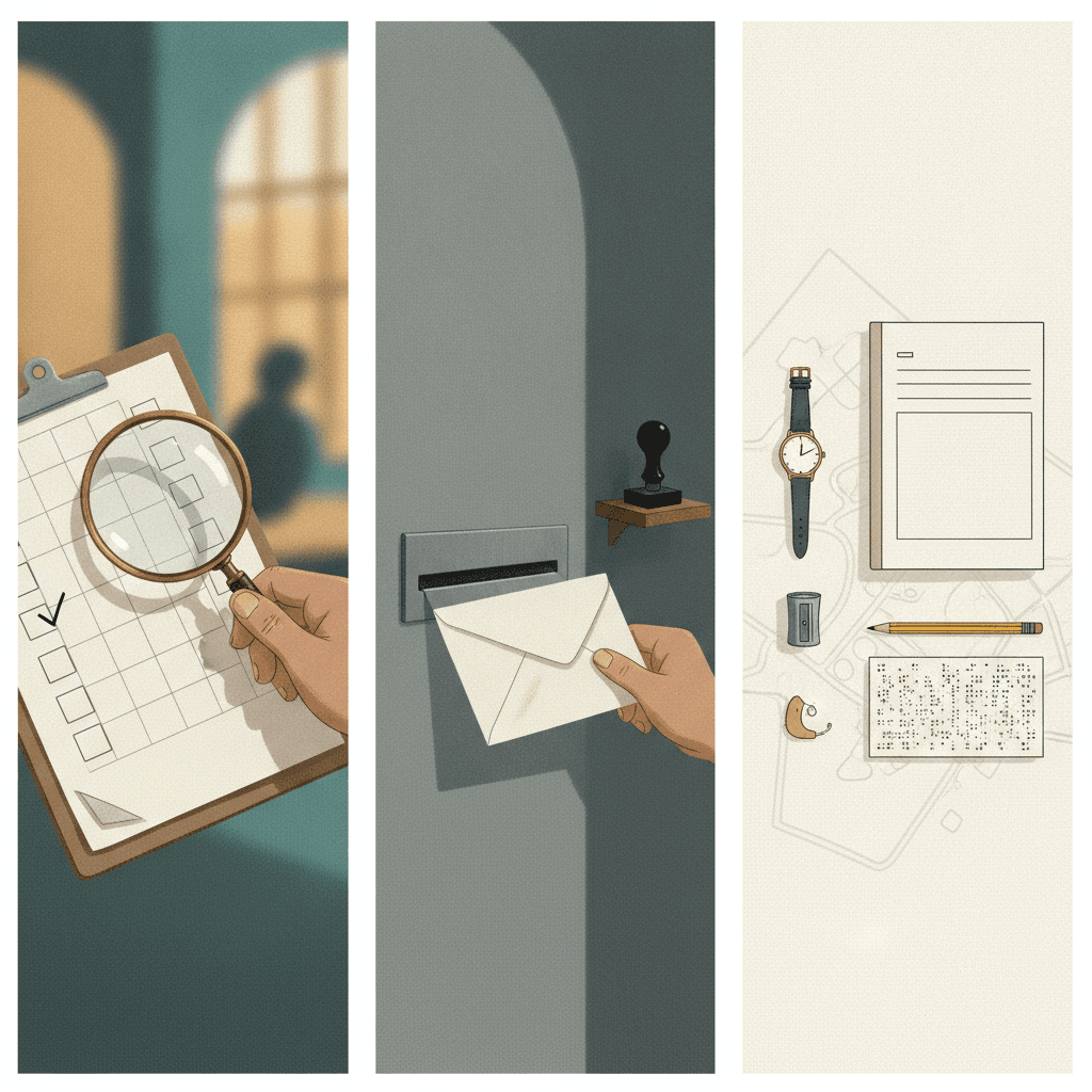 Ilustração editorial com checklist, envelope de recurso e kit de prova acessível (braille, fone e livro de impressão ampliada), simbolizando conferência, recurso e organização para o Enem 2026.