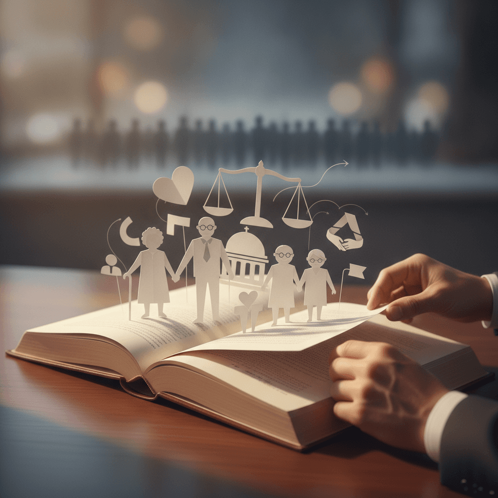 Ilustração editorial de um livro aberto com recortes em papel de pessoas idosas e símbolos de direitos sociais emergindo, com iluminação cinematográfica.