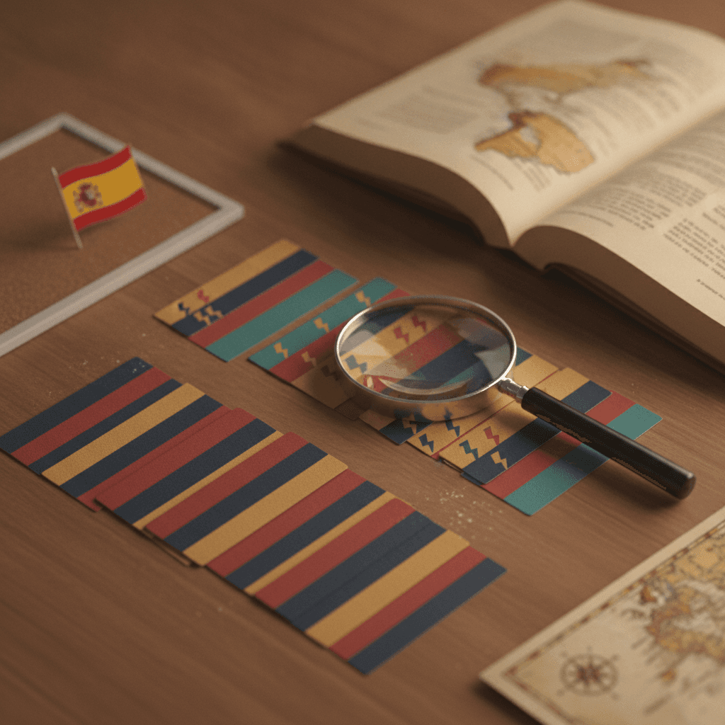 Lupa sobre cartões coloridos que distinguem verbos regulares e irregulares, com livro e mapa da Espanha ao fundo.