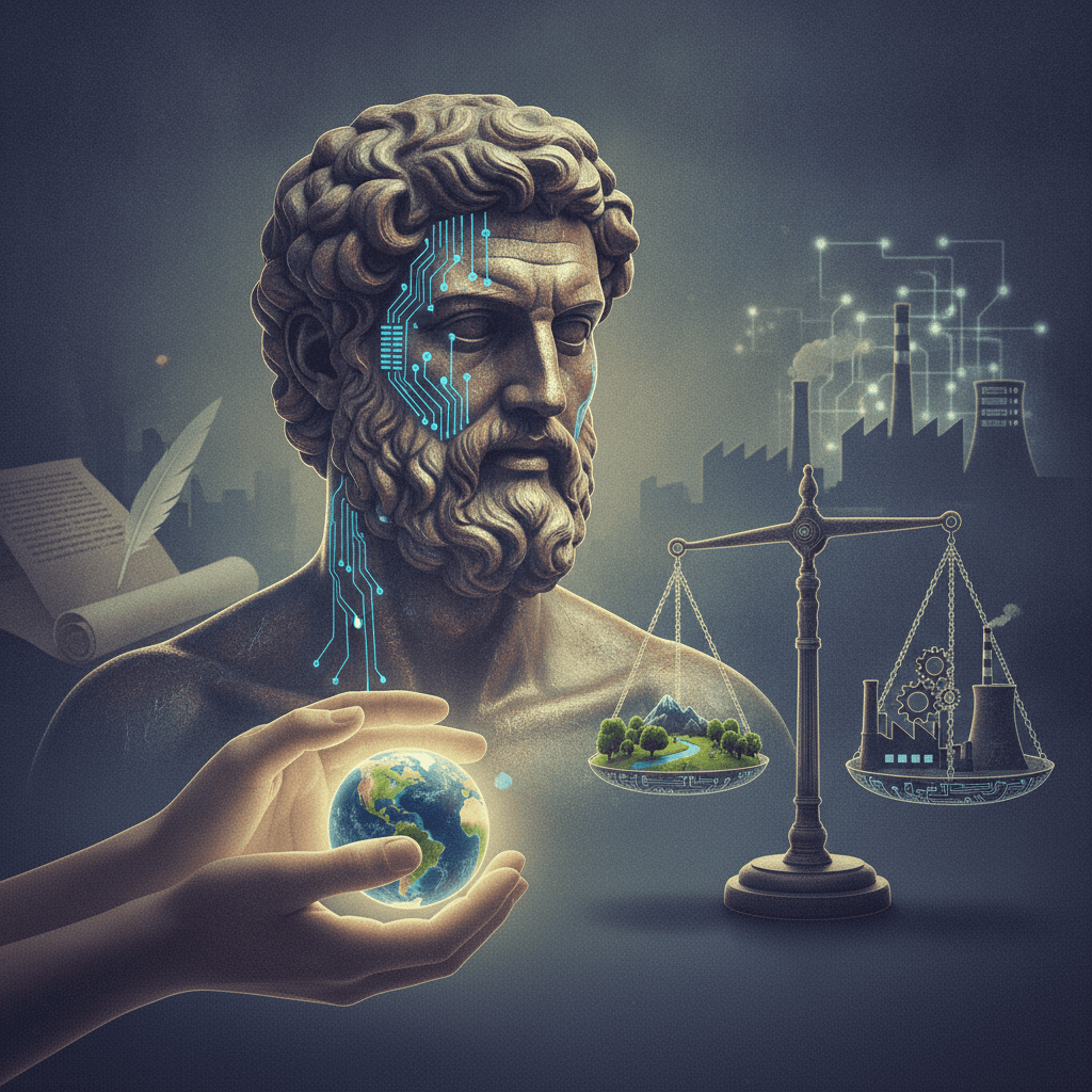 Ilustração editorial de busto filosófico com circuitos, mãos segurando um globo e balança que contrapõe natureza e indústria, simbolizando responsabilidade tecnológica.