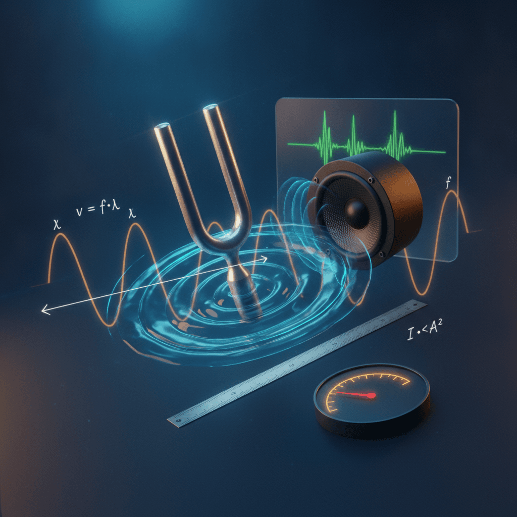 Ilustração editorial de física mostrando um diapasão vibrando, ondas sonoras, senoides indicando frequência e comprimento de onda, alto‑falante, osciloscópio e fórmulas (v = f·λ, I ∝ A²).
