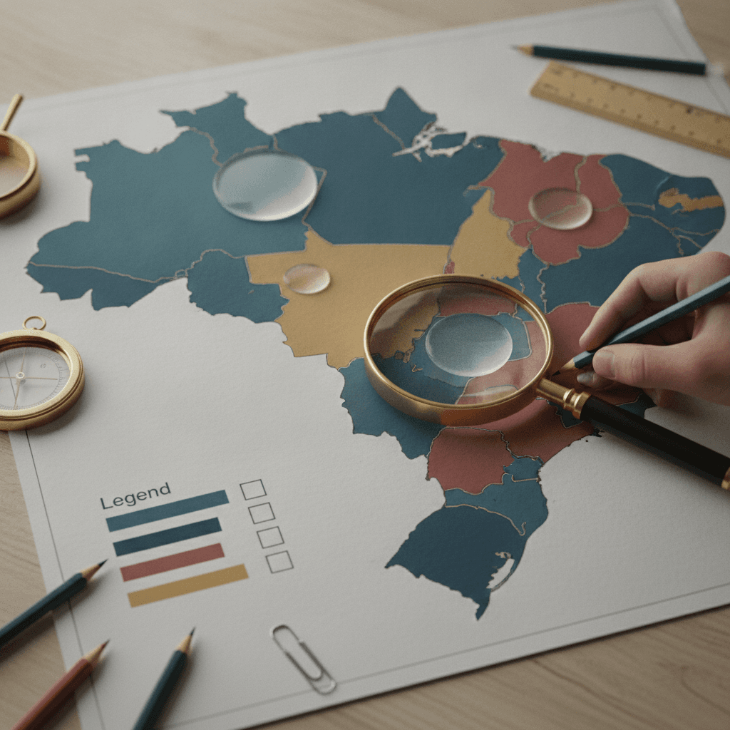 Ilustração editorial de mapa coroplético do Brasil com paleta de cores, legenda sem texto, círculos proporcionais, lupa e lápis apontando.