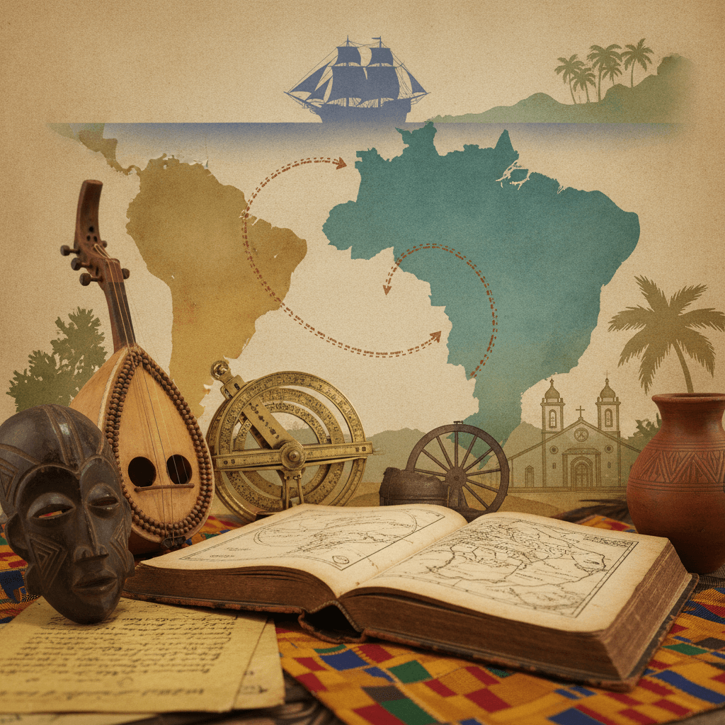 Ilustração editorial com mapa estilizado da África e do Brasil, livros antigos, máscara africana, instrumento e cerâmica mostrando conexões históricas.