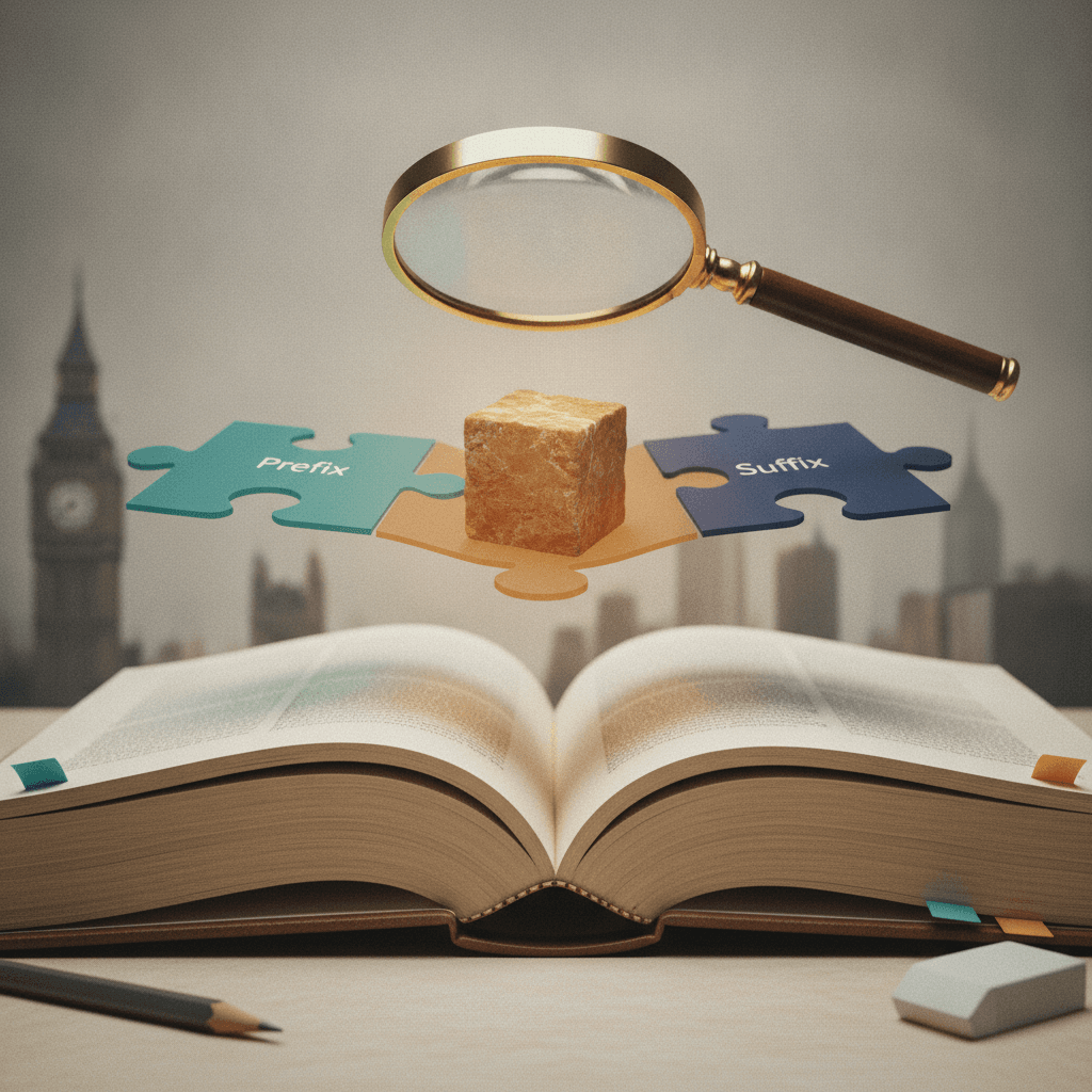 Ilustração editorial de livro aberto com camadas representando prefixo, raiz e sufixo, lupa em destaque e silhuetas de pontos turísticos do inglês ao fundo.