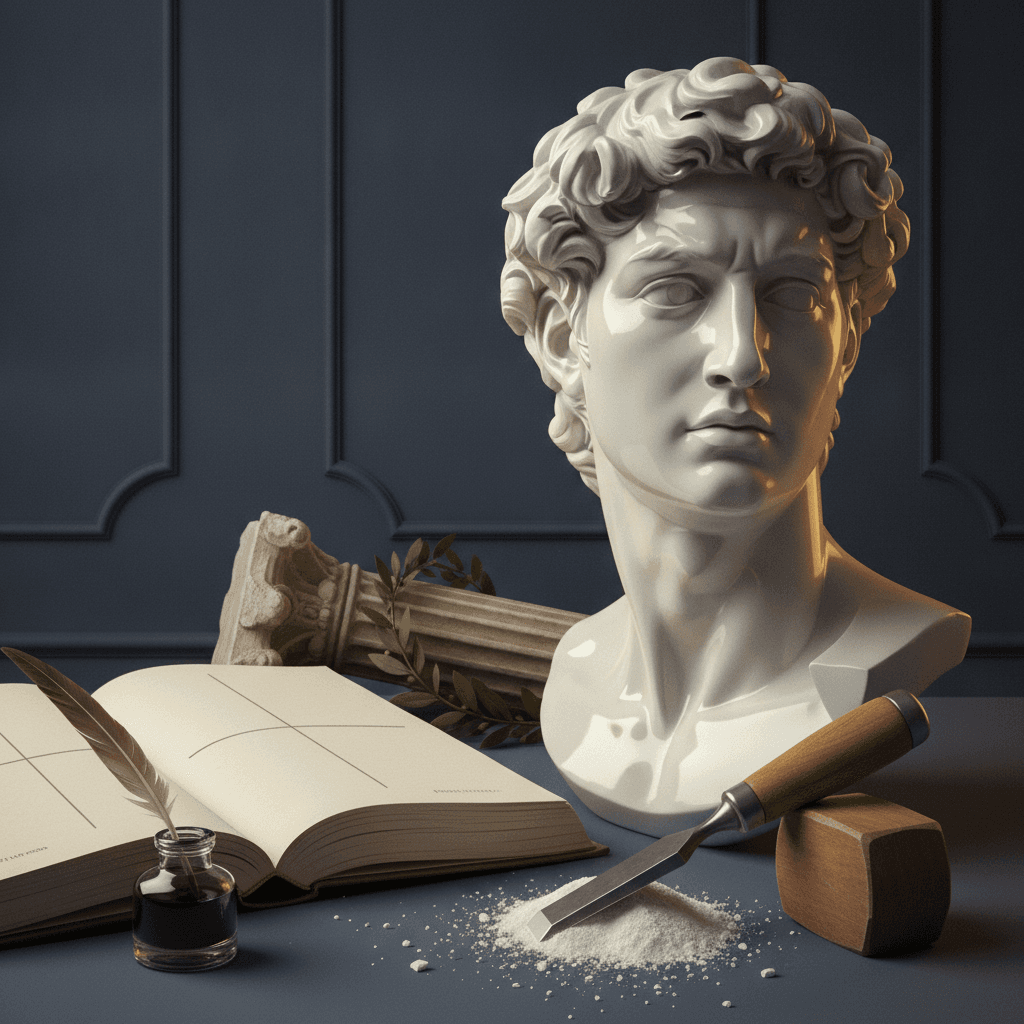 Busto de mármore com cinzel e livro aberto vazio, representando a poesia parnasiana lapidada.