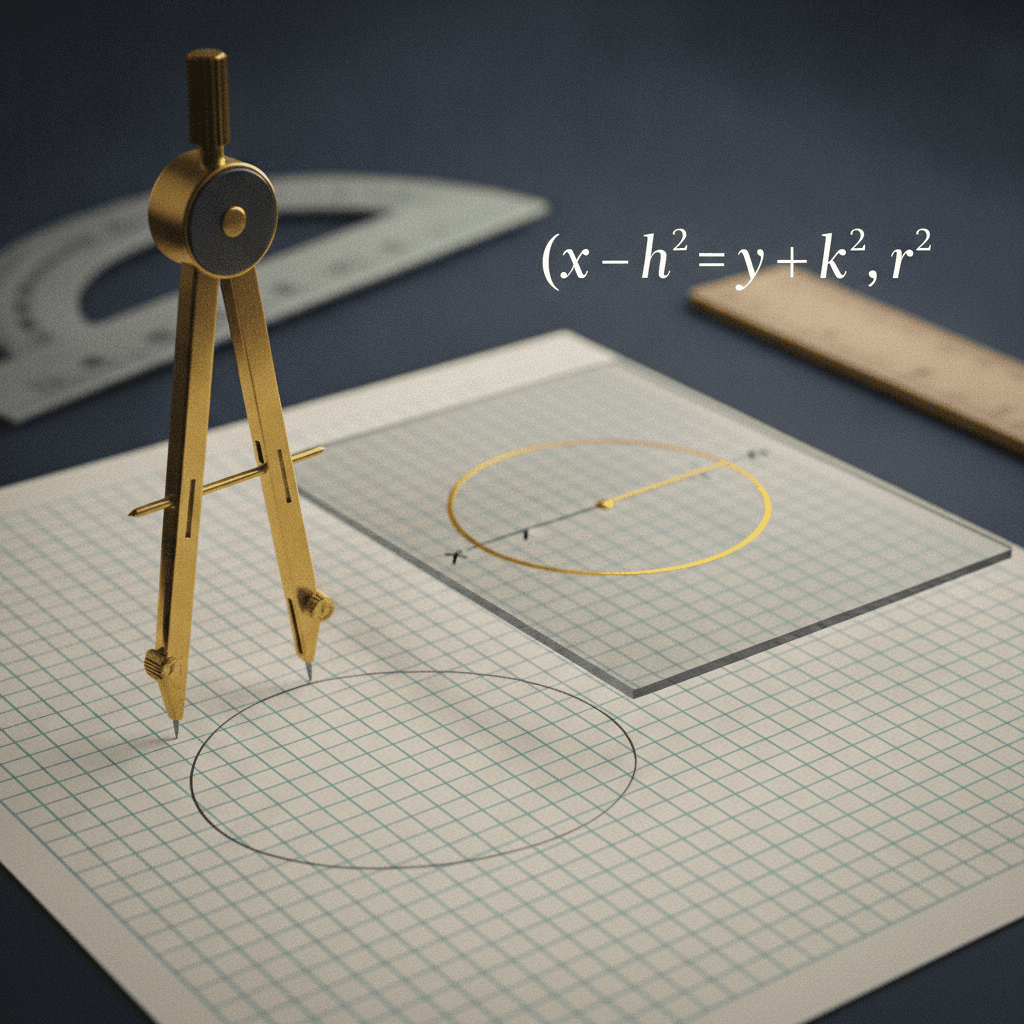 Ilustração editorial de uma circunferência no plano cartesiano com compasso e a equação (x - h)^2 + (y - k)^2 = r^2.
