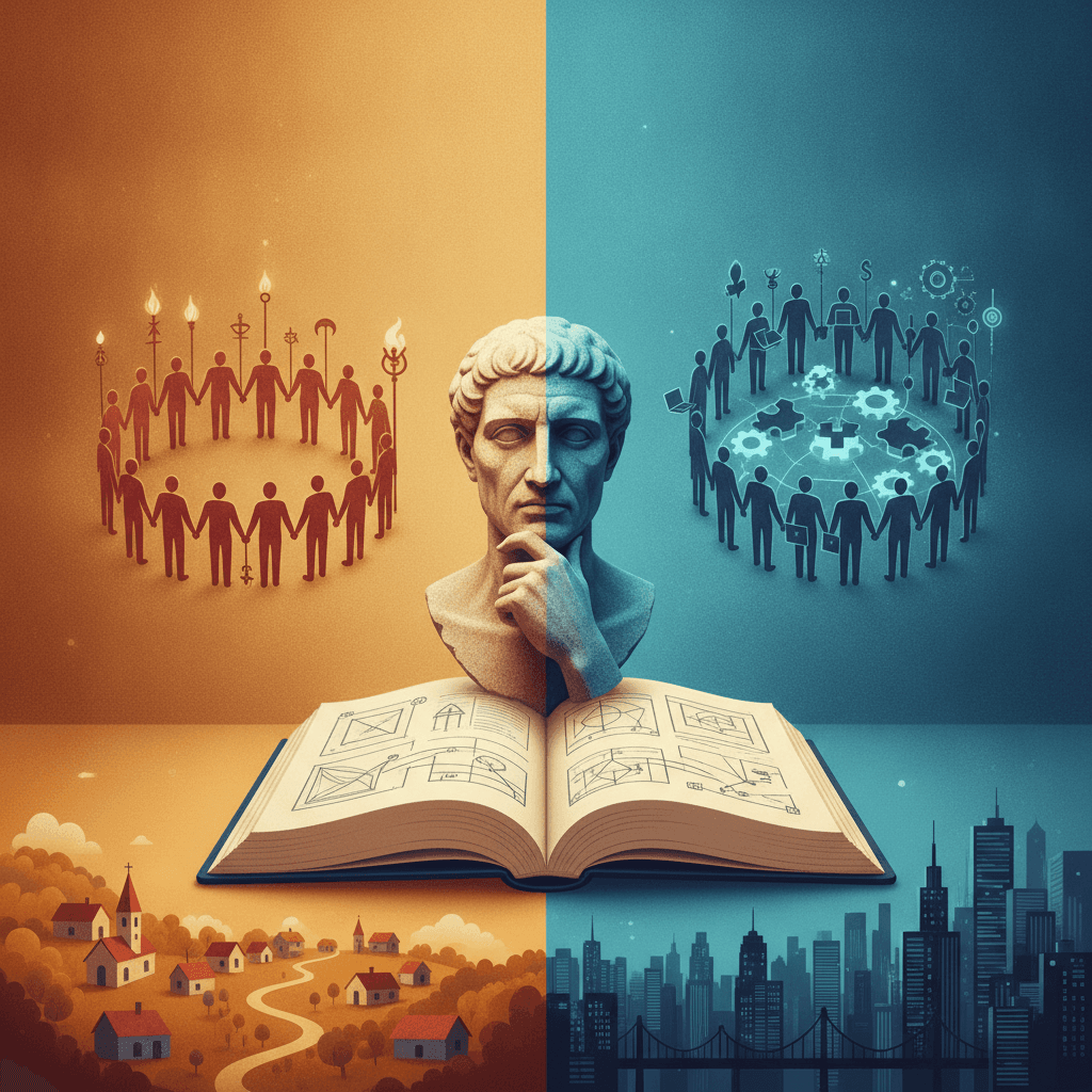 Ilustração editorial dividida: à esquerda comunidade homogênea simbolizando solidariedade mecânica; à direita cidade com engrenagens e pessoas interdependentes simbolizando solidariedade orgânica; busto estilizado ao centro sobre um livro.