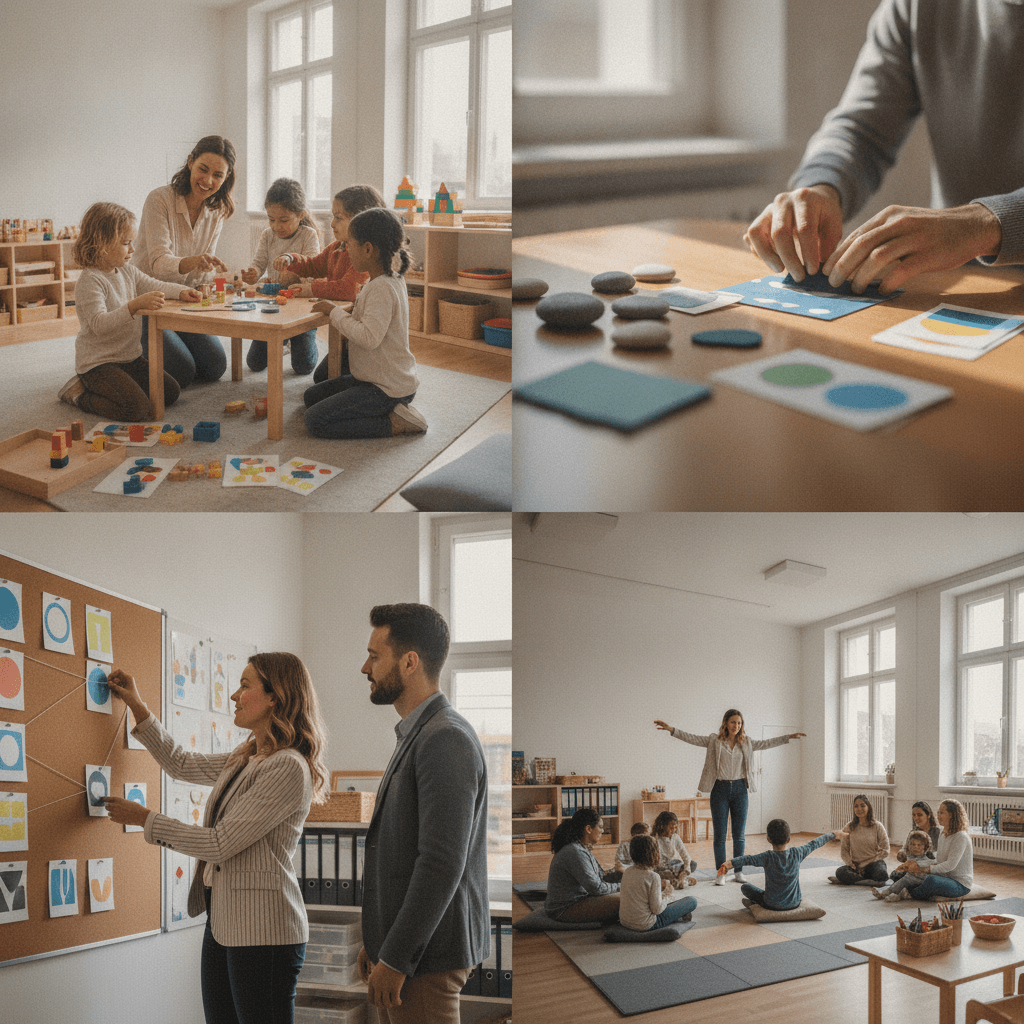 Colagem editorial mostrando pedagogo em sala de aula, mãos com materiais pedagógicos, planejamento escolar e atividade comunitária.