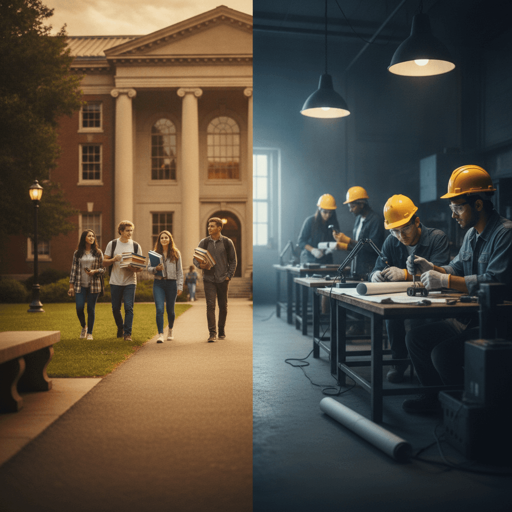 Imagem dividida: à esquerda campus universitário com estudantes e biblioteca; à direita oficina técnica com alunos usando equipamentos e EPIs.