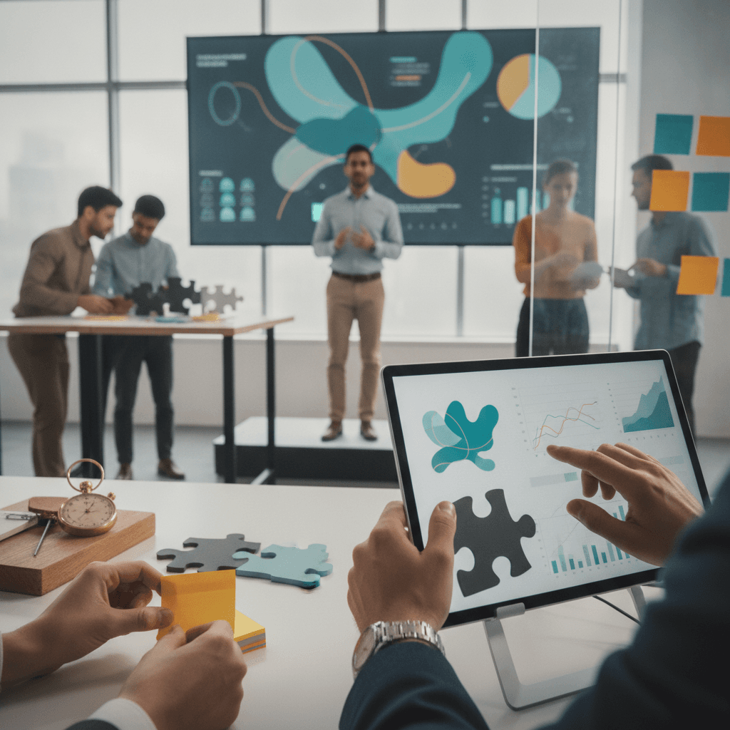 Equipe de gestão colaborando em pé diante de quadro Kanban e painel de métricas abstratas, com close-up de mãos movendo post-its e encaixando peças de quebra-cabeça.