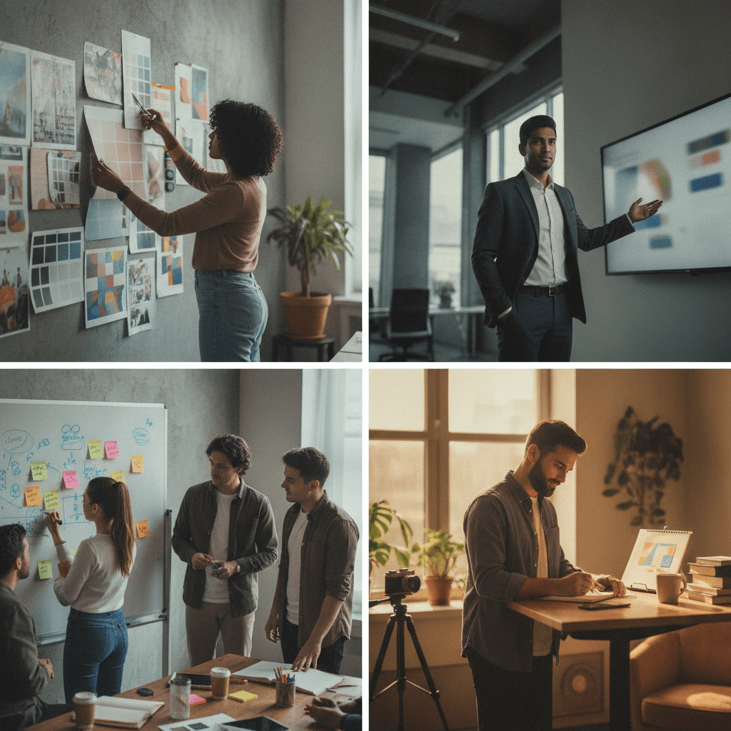 Colagem editorial com profissionais de marketing em agência, empresa, startup e home office trabalhando em seus ambientes distintos.