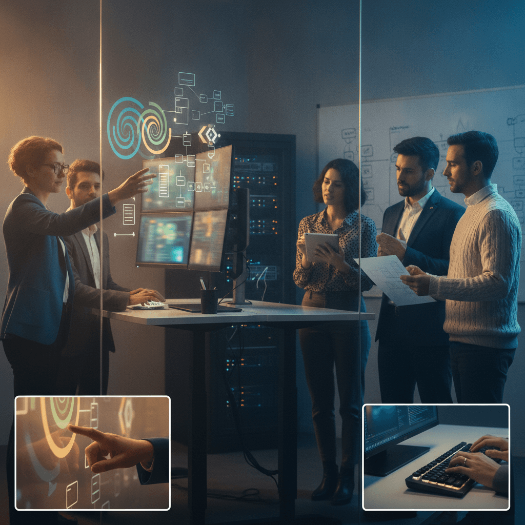Equipe diversa em escritório de tecnologia colaborando diante de uma parede de vidro com diagramas e telas, mostrando funções além do código.