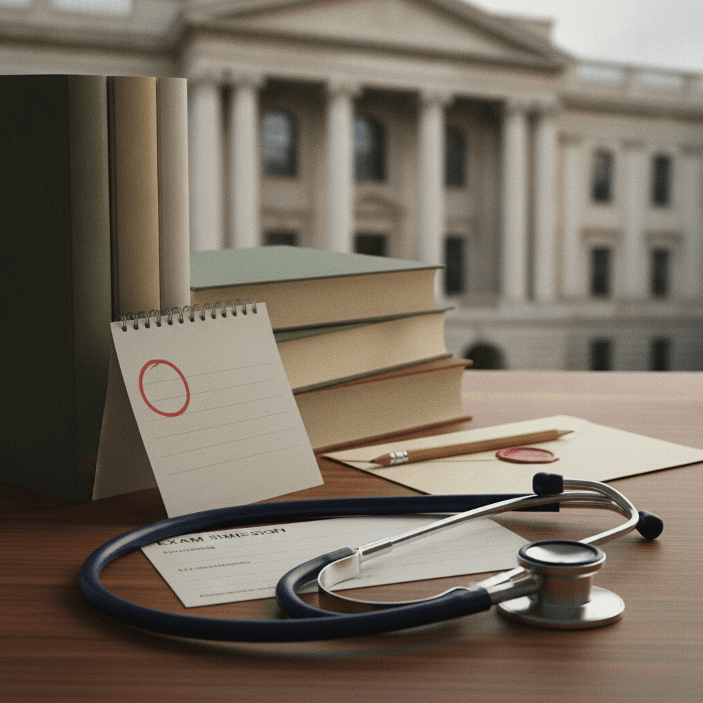 Ilustração editorial com estetoscópio, calendário com data destacada (sem números) e livros médicos, simbolizando a mudança do prazo do Enamed 2026.