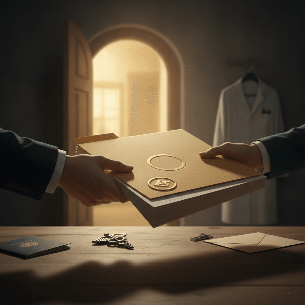 Ilustração editorial de mãos trocando pasta e documentos com selo em relevo, e uma porta iluminada ao fundo simbolizando a passagem para a 2ª etapa do Revalida.