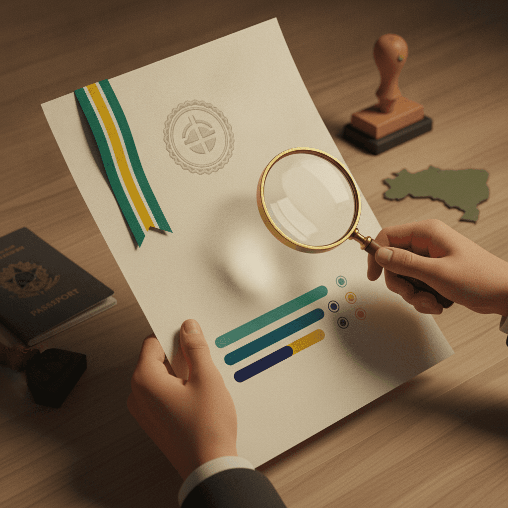 Mãos segurando certidão de proficiência com lupa, carimbo e passaporte ao lado, ilustração editorial sem textos.