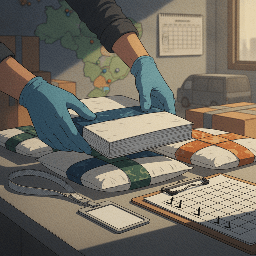 Ilustração editorial de mãos organizando cadernos de prova selados, crachá em branco, checklist e mapa do Brasil com pinos, sem textos.