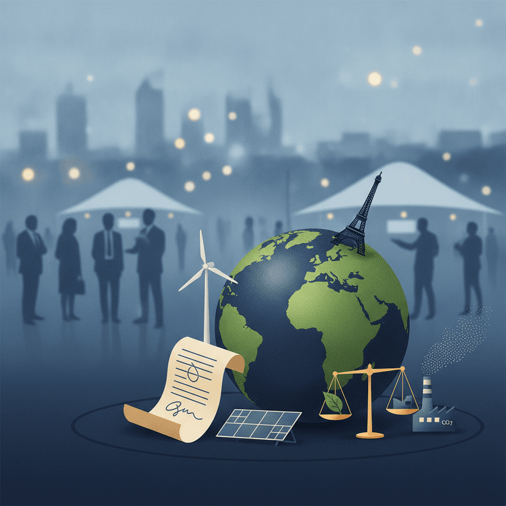 Ilustração editorial com globo, Torre Eiffel em miniatura, tratado de clima e ícones de energia e indústria em primeiro plano.
