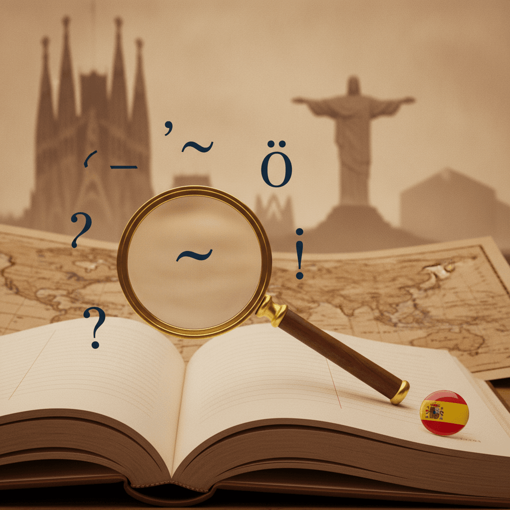 Ilustração editorial de livro aberto com marcas diacríticas flutuantes, lupa destacando uma til e mapa e bandeira da Espanha ao fundo, sem texto.