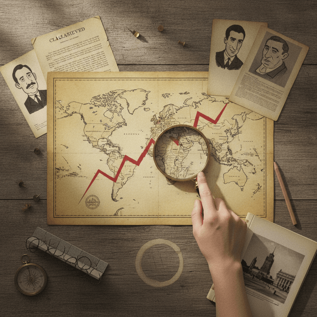 Mesa com mapa antigo, documentos e charges da Guerra Fria, lupa e mãos analisando.