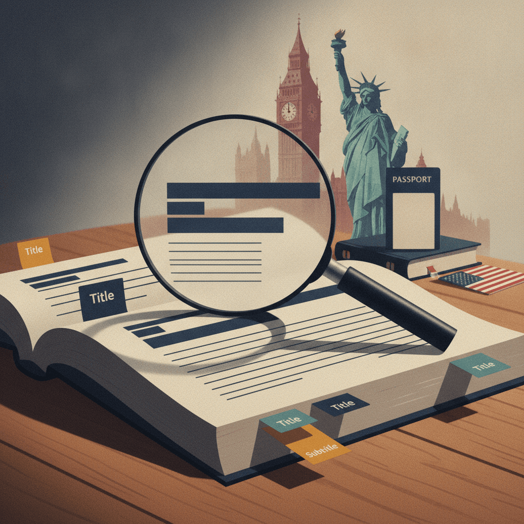 Ilustração editorial de livro aberto com lupa sobre áreas de título e subtítulo representadas por barras, abas coloridas e silhuetas de Londres e Nova York ao fundo.