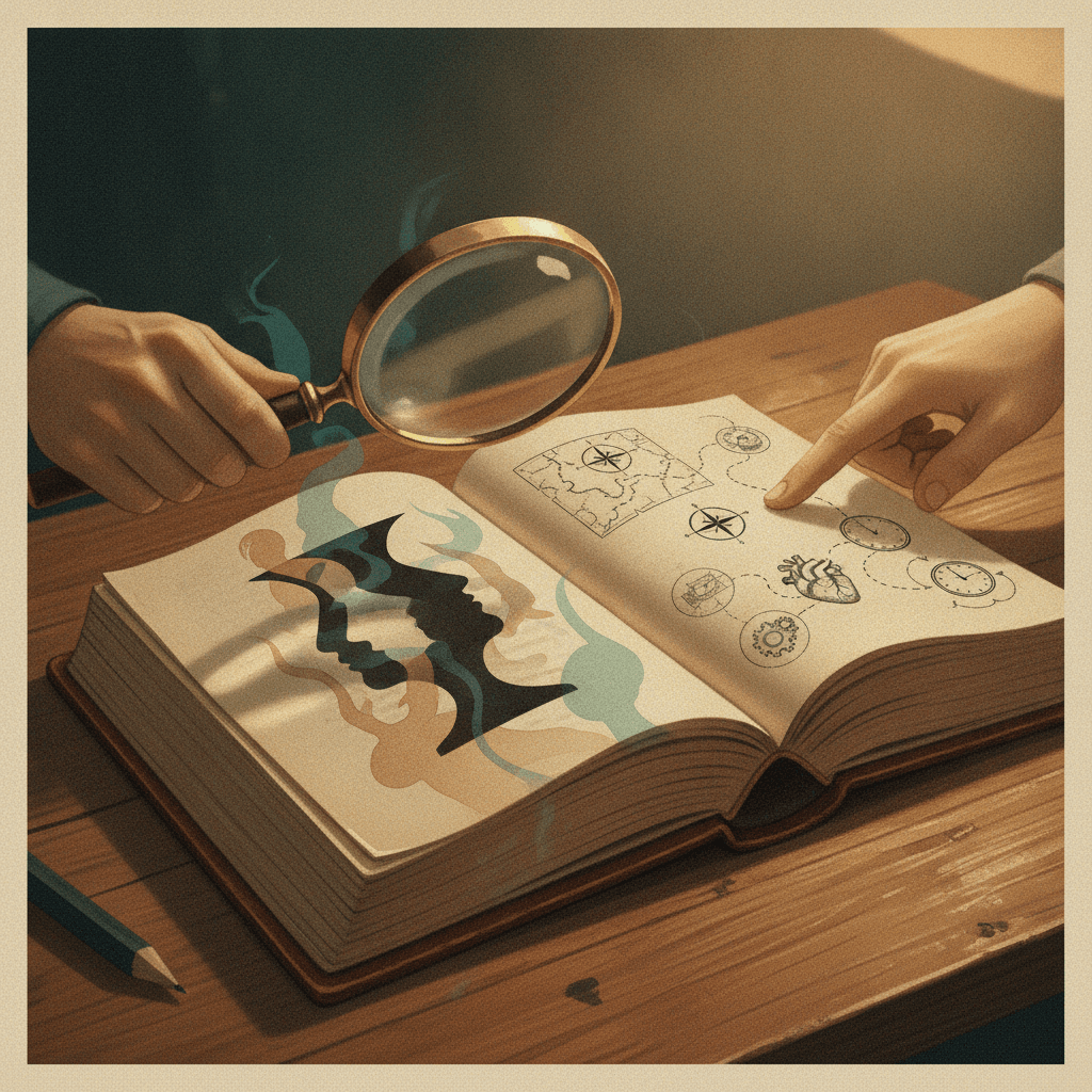 Ilustração editorial de livro aberto com lupas e mãos, mostrando figuras ambíguas e um mesmo símbolo em diferentes vignettes para representar ambiguidade e polissemia.