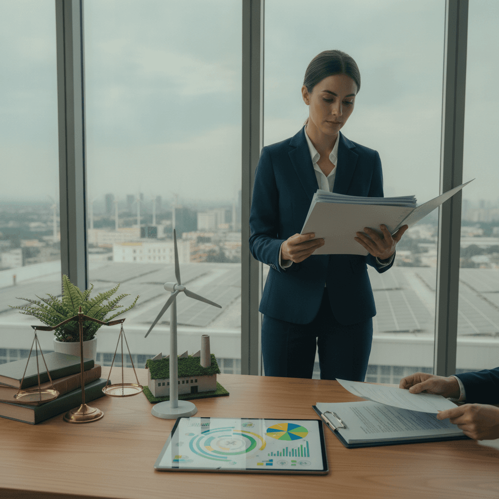 Advogado em escritório corporativo revisando contrato ambiental com símbolos de ESG: turbina em miniatura, livros jurídicos e vista de painéis solares na cidade.