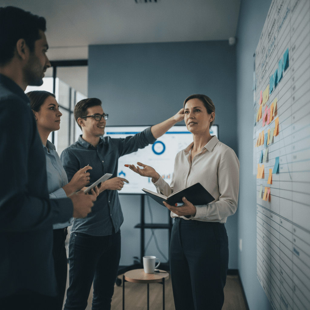 Gestor novo em pé diante de um quadro kanban, conversando de forma aberta com a equipe em um ambiente de trabalho colaborativo.