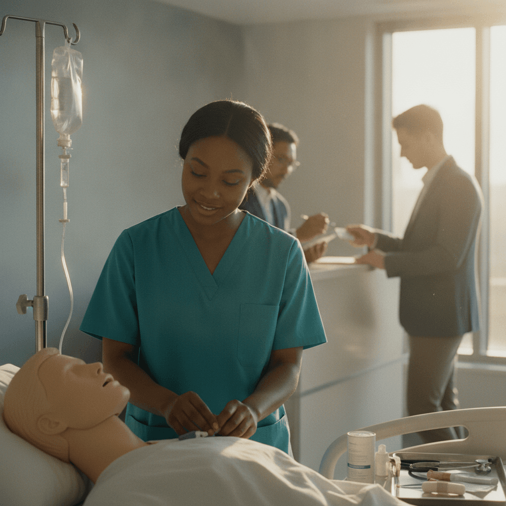 Mentor em saúde orientando estagiário em procedimento prático num ambiente hospitalar, com recepção administrativa desfocada ao fundo.
