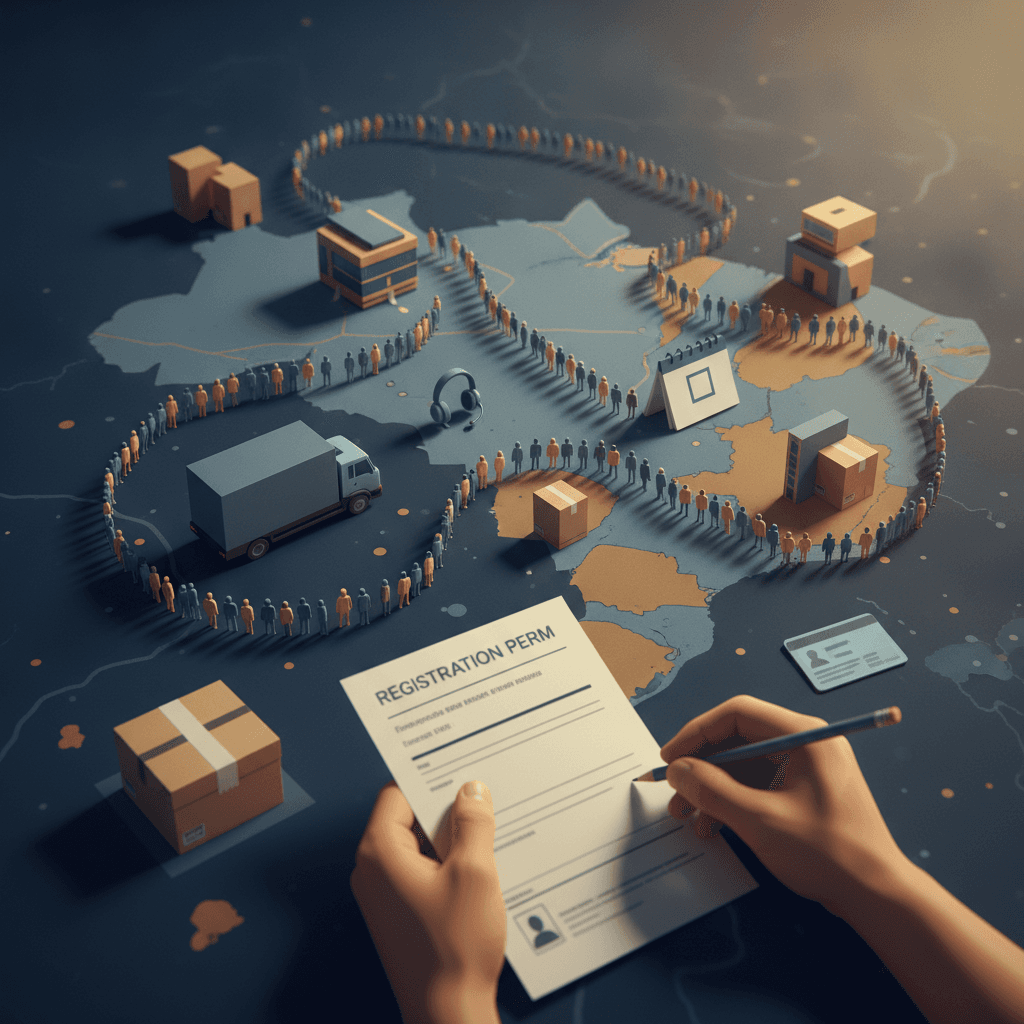 Ilustração editorial mostrando filas de inscritos sobre mapa do Brasil, mãos com formulário e ícones de logística e atendimento, sem texto.