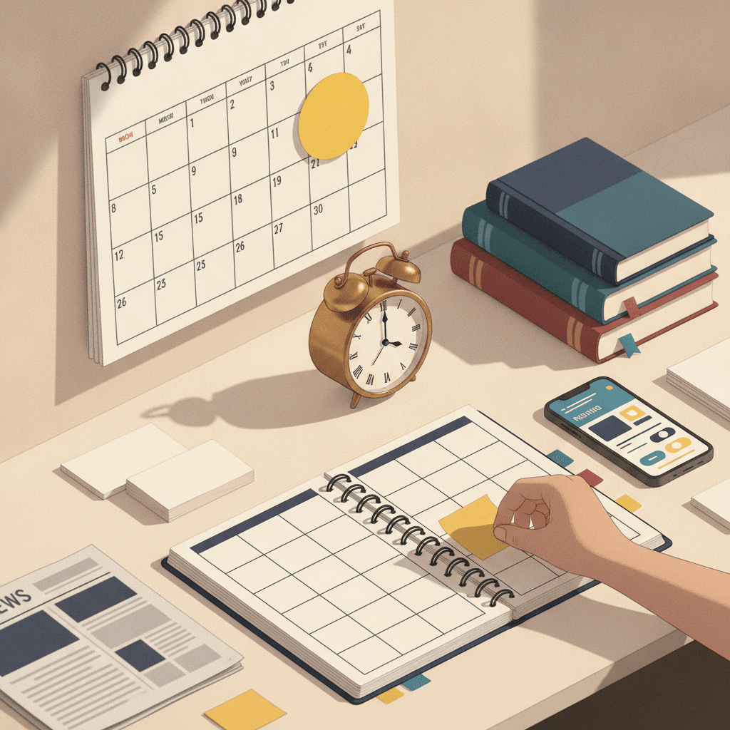 Ilustração editorial de uma mesa de estudos organizada com calendário marcado por um adesivo, planner com post‑its coloridos, livros empilhados e um relógio, simbolizando ajuste do planejamento após prorrogação da PND.