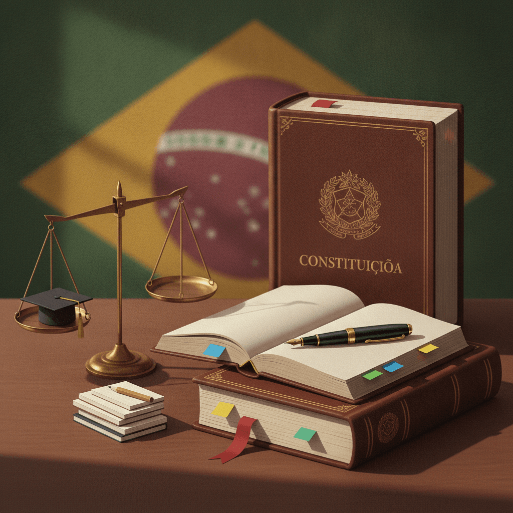 Ilustração editorial de livros representando a Constituição e a LDB sobre uma mesa, com balança, capelo, lápis e caneta, bandeira do Brasil ao fundo.