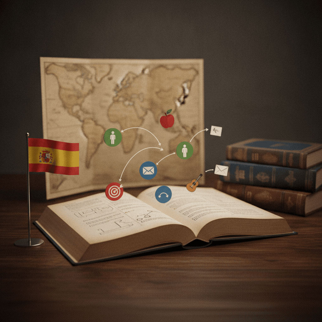 Livro de gramática espanhola aberto com ícones coloridos indicando pronomes objeto direto (alvo) e indireto (envelope), conectados a silhuetas de sujeito e objetos, com bandeira e mapa da Espanha ao fundo.
