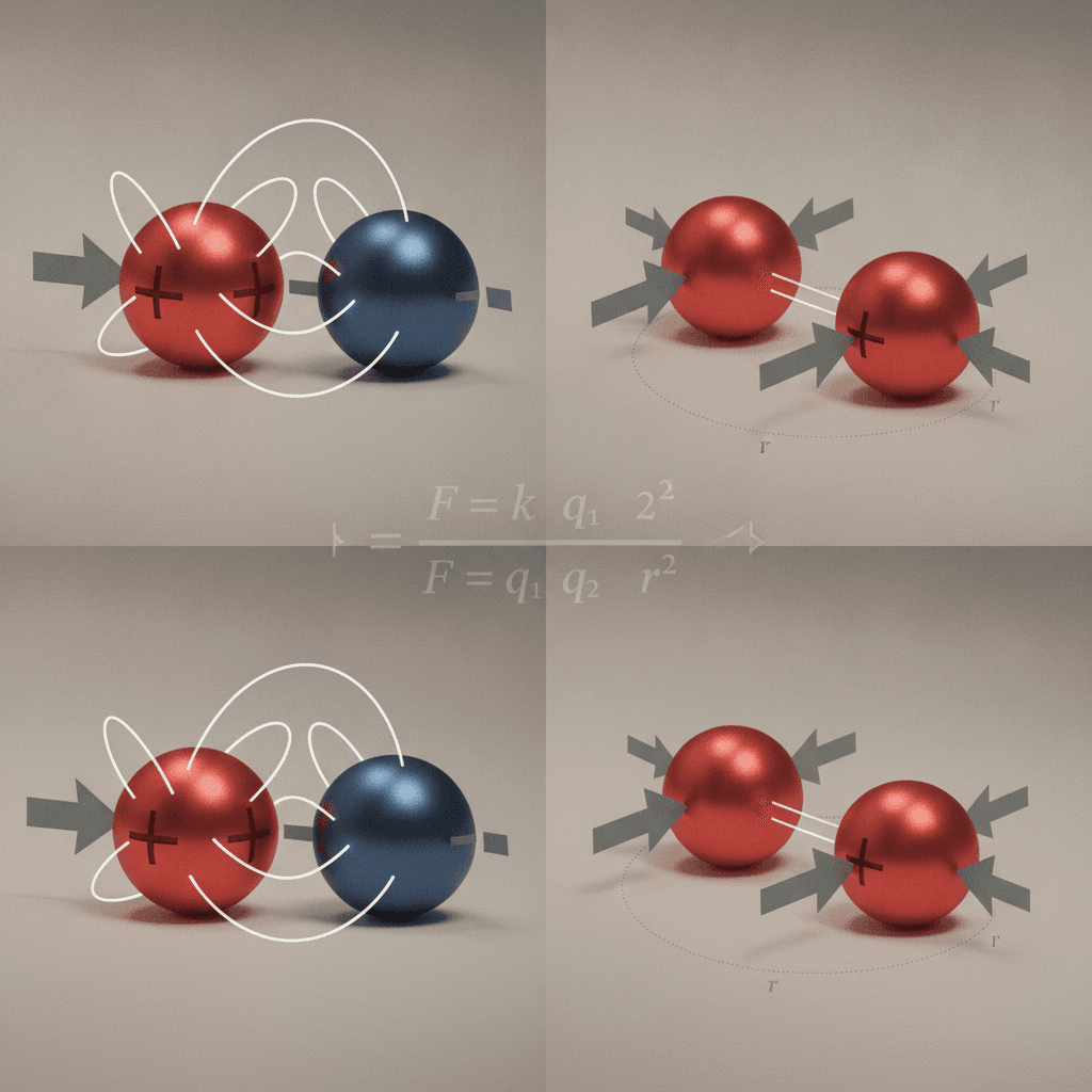 Ilustração editorial tripartida mostrando cargas elétricas: repulsão (duas cargas positivas), atração (positivo e negativo) e comparação de forças com diferentes distâncias, com a fórmula de Coulomb em sobreposição sutil.